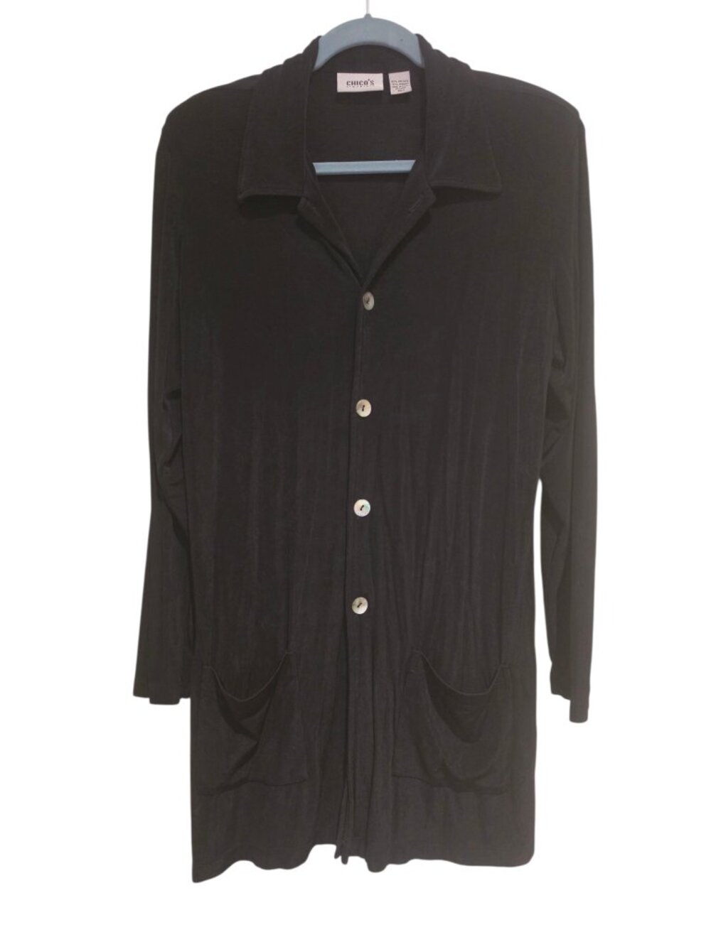 Chico’s Travelers Black Long Jacket Button Down (Chico) Size 2 Large